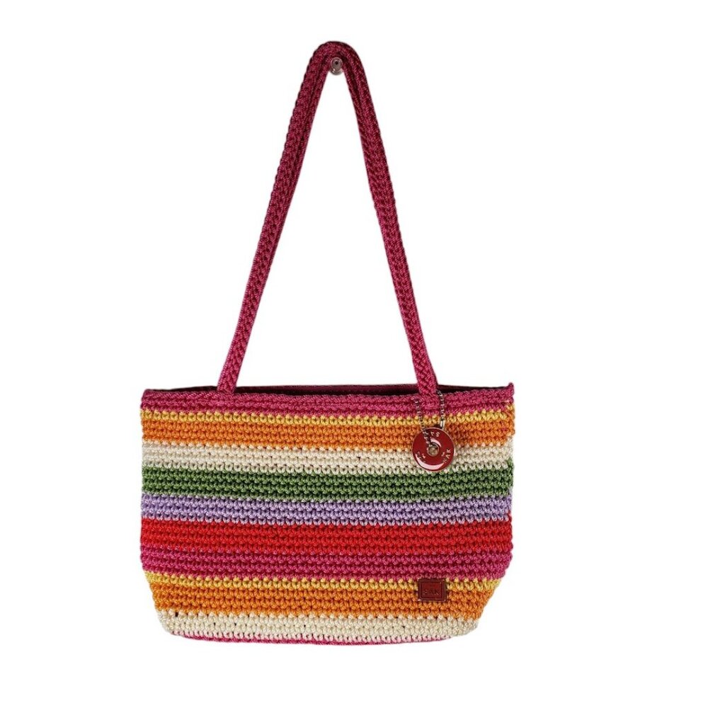 The SAK Crochet Purse Rainbow Stripe Handbag Bag Nylon Lining Small 9.5" X 5.75"